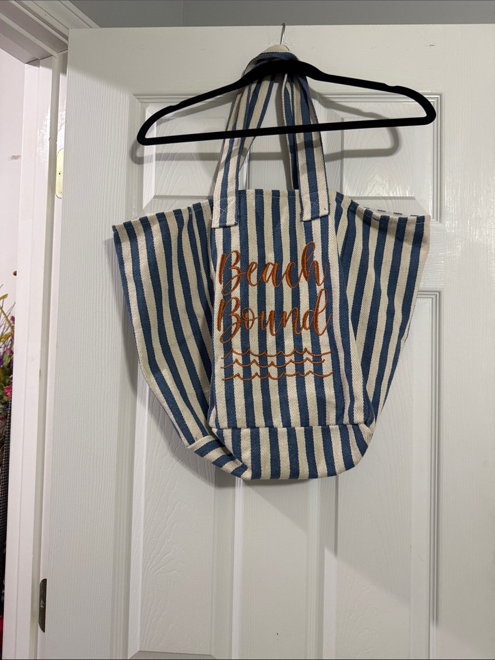 Striped 'Beach Bound' Canvas Tote Bag in Blue and Cream